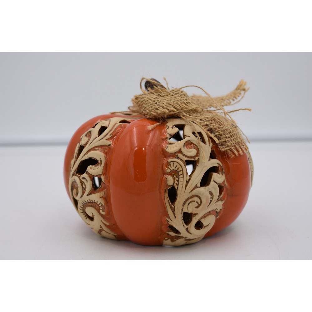 Ceramic Light Up Pumpkin Lantern Orange Burlap Bow Fall Decor Scroll Cutouts